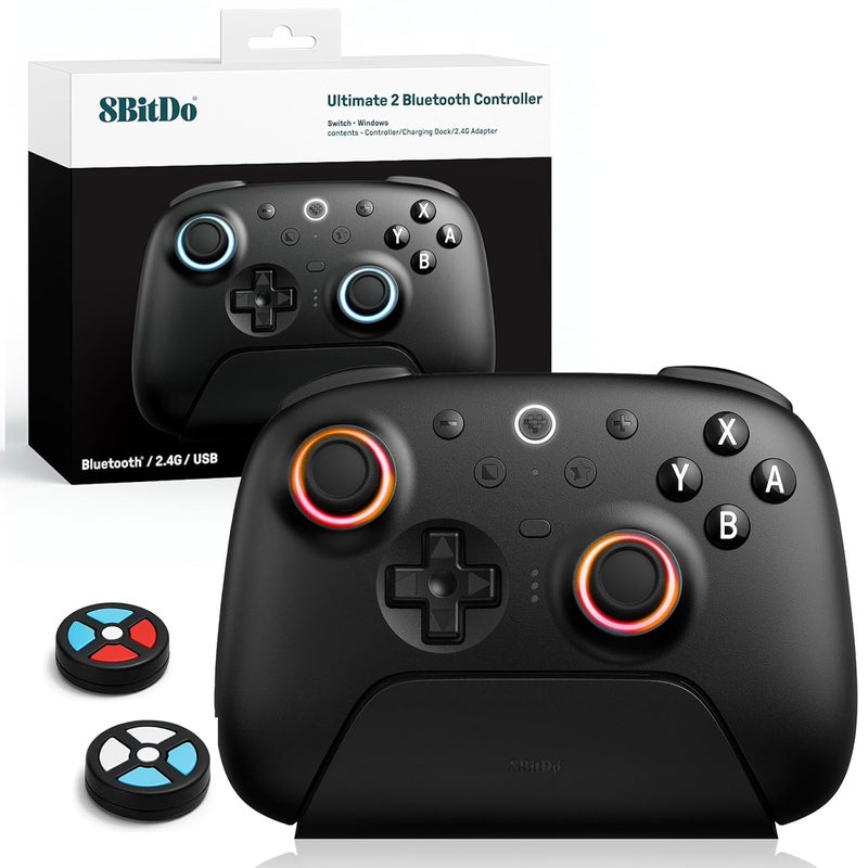8Bitdo وحدة التحكم بلوتوث Ultimate 2 (تحديث عصا التحكم TMR) ، حلقة نار RGB ، مفاتيح تأثير هول / مفاتيح لمسية قابلة للتبديل ، اهتزاز وتحكم في الحركة لجهاز Switch / Switch 2 ، كمبيوتر ويندوز (أسود) - Image 1